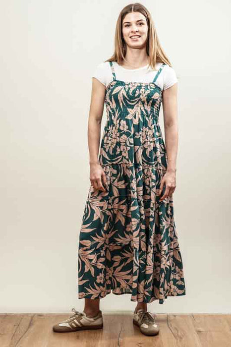 Dress with spaghetti straps, floral print, petrol/orange - One Size