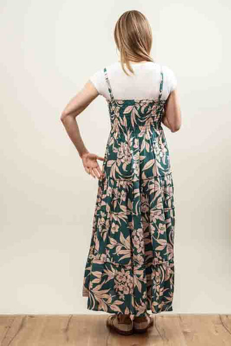 Dress with spaghetti straps, floral print, petrol/orange - One Size