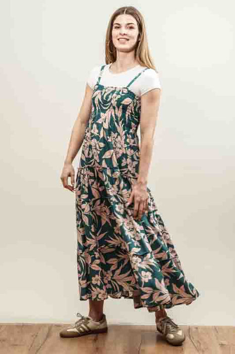 Dress with spaghetti straps, floral print, petrol/orange - One Size