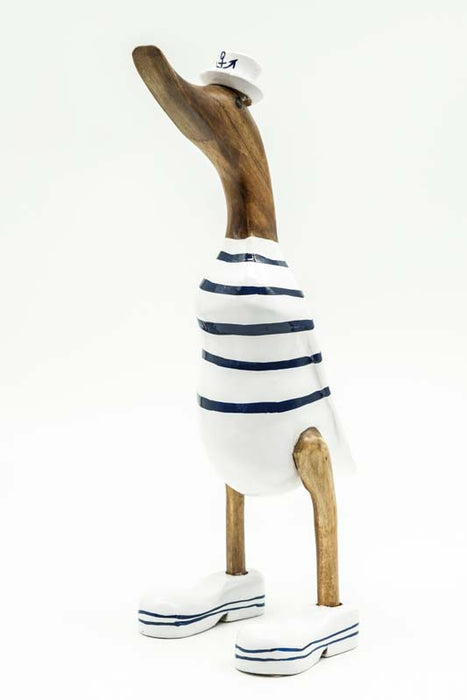 Wooden duck painted white/blue striped with hat 35cm