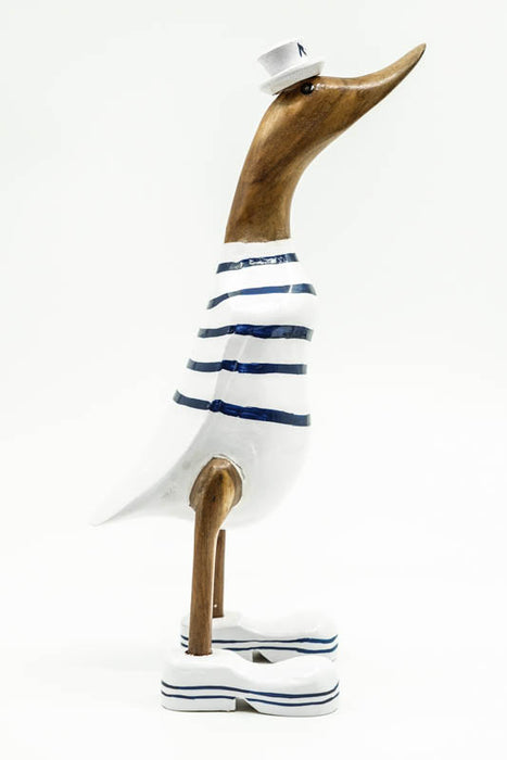 Wooden duck painted white/blue striped with hat 35cm