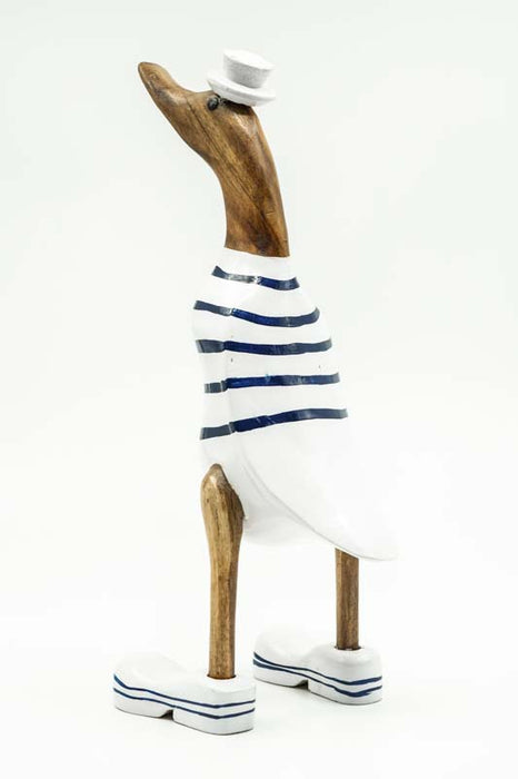 Wooden duck painted white/blue striped with hat 35cm