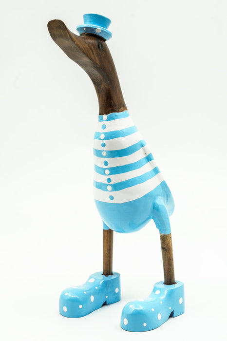 Wooden duck painted white/light blue with hat and shoes 35cm