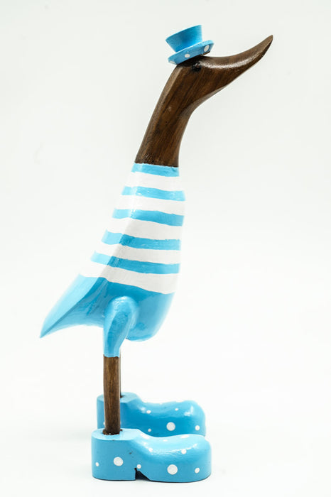 Wooden duck painted white/light blue with hat and shoes 35cm