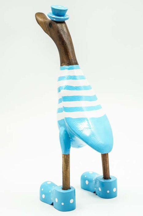 Wooden duck painted white/light blue with hat and shoes 35cm