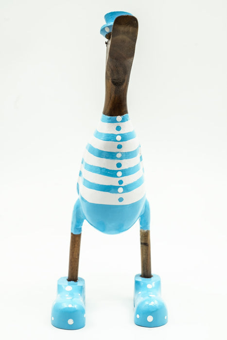 Wooden duck painted white/light blue with hat and shoes 35cm