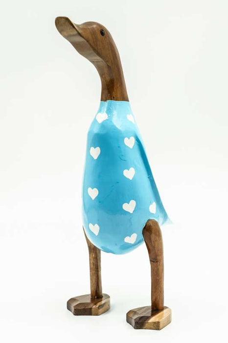 Wooden duck painted light blue with white hearts, 35cm