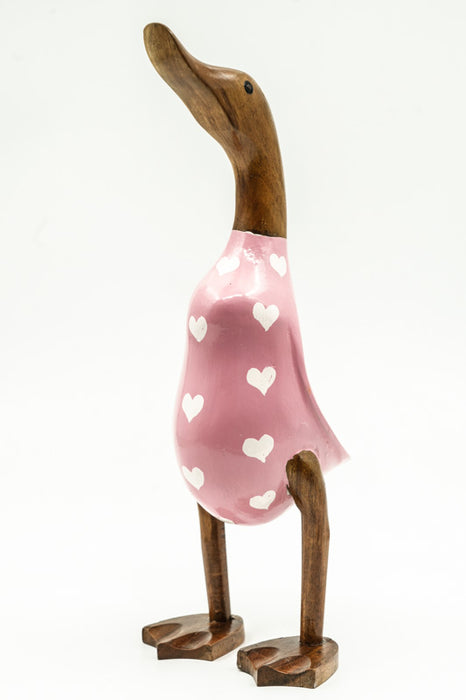 Wooden duck painted pink with white hearts, 35cm