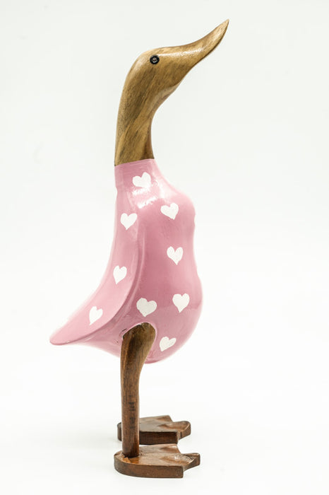 Wooden duck painted pink with white hearts, 35cm