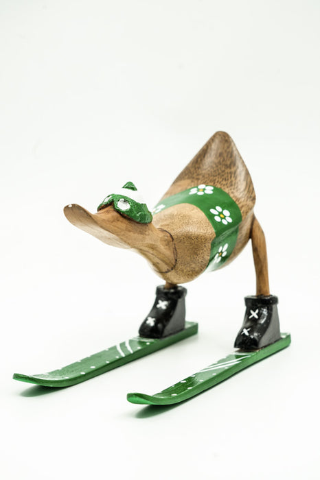 Wooden duck painted with flowers and skis, green, 13x25cm
