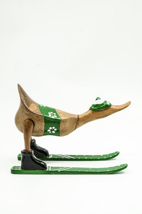 Wooden duck painted with flowers and skis, green, 13x25cm