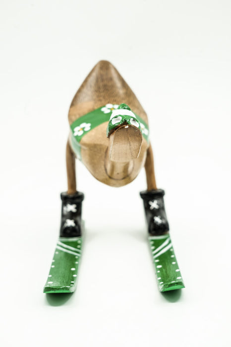 Wooden duck painted with flowers and skis, green, 13x25cm