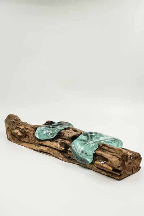 Decorative set of 2 glass tealight holders (12cm) on wood