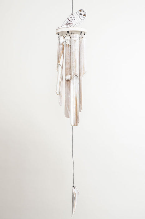Bamboo wind chime with owl, white wash