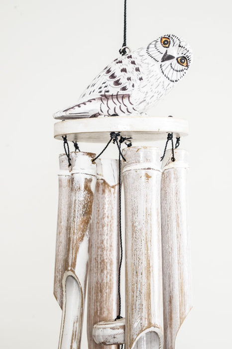 Bamboo wind chime with owl, white wash