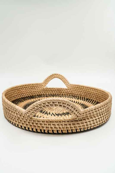 Serviertablett mit 2 Henkeln Rattan rund hellbraun/dunkelbraun mittel 42x9cm