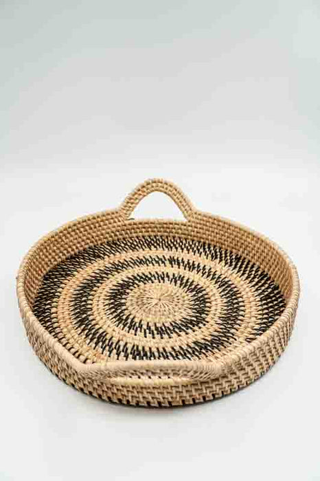 Serviertablett mit 2 Henkeln Rattan rund hellbraun/dunkelbraun mittel 42x9cm