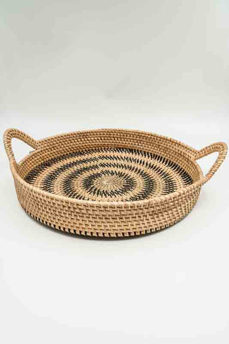 Serviertablett mit 2 Henkeln Rattan rund hellbraun/dunkelbraun gross 48x12cm