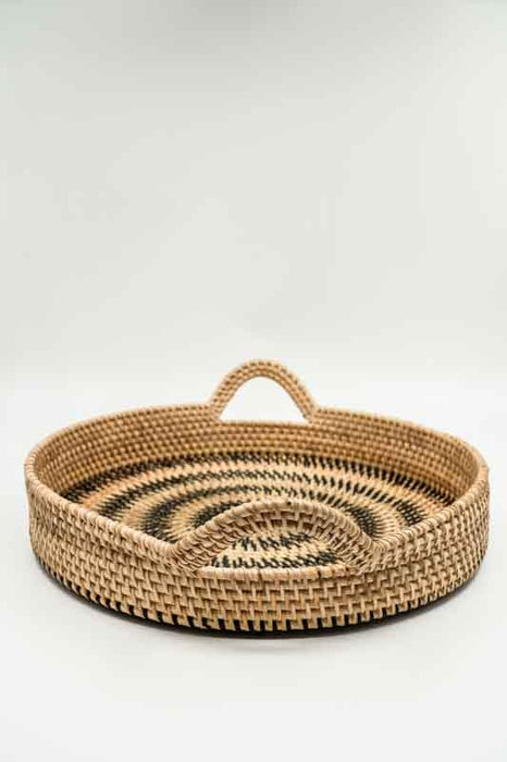 Serviertablett mit 2 Henkeln Rattan rund hellbraun/dunkelbraun gross 48x12cm