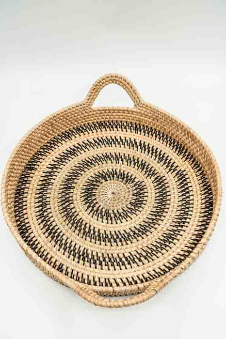 Serviertablett mit 2 Henkeln Rattan rund hellbraun/dunkelbraun gross 48x12cm