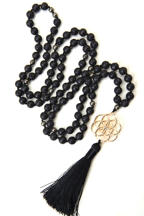 Mala necklace, 8mm lava stone, with Flower of Life pendant, 108 beads