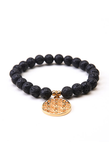 Bracelet 8mm lava stone, with Flower of Life pendant, 19cm