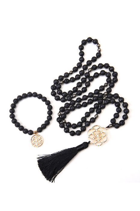 Bracelet 8mm lava stone, with Flower of Life pendant, 19cm