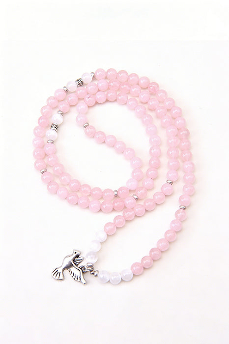 Mala necklace 6mm rose quartz, selenite, with peace dove pendant, 108 beads