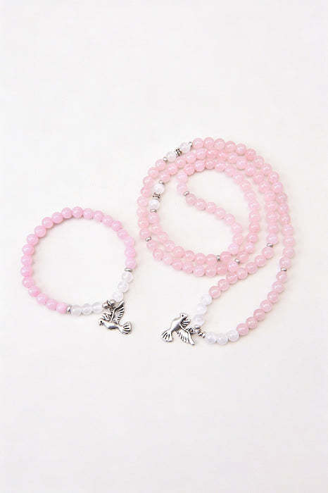 Mala necklace 6mm rose quartz, selenite, with peace dove pendant, 108 beads