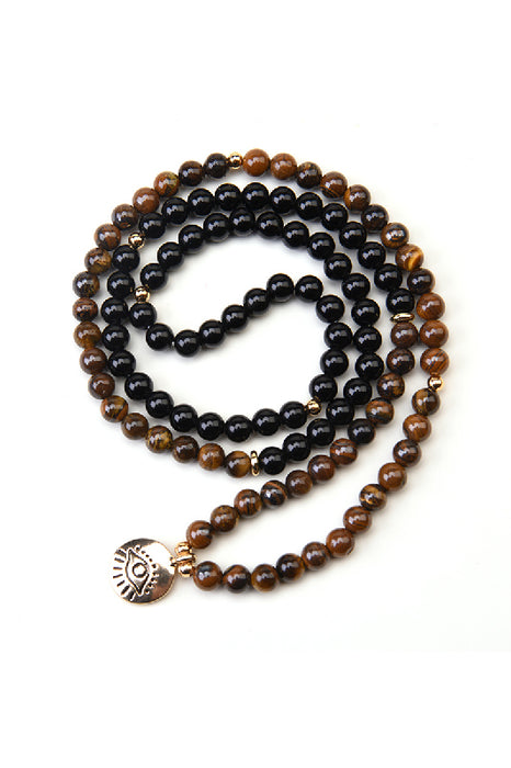 Mala necklace 6mm black onyx, tiger's eye, with eye pendant, 108 beads