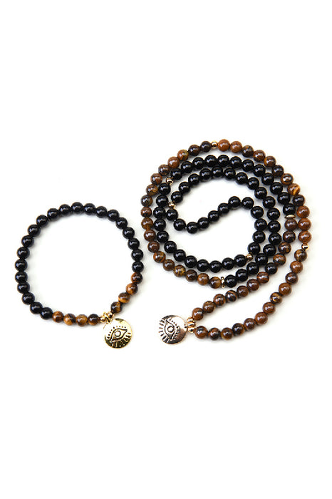 Mala necklace 6mm black onyx, tiger's eye, with eye pendant, 108 beads