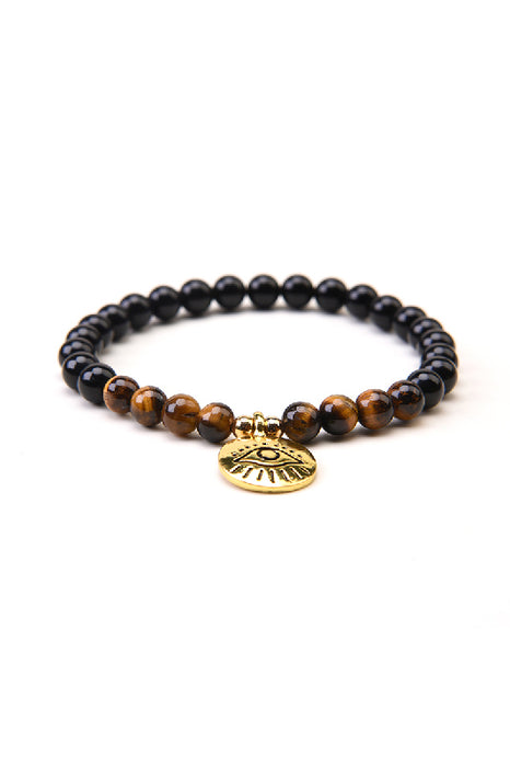 Bracelet 6mm black onyx, tiger's eye, with eye pendant, 18.5cm