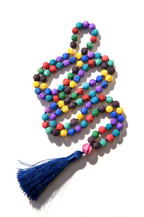 Mala necklace 8mm rainbow lava stone, with dark blue tassel, 108 beads