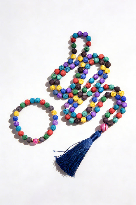 Mala necklace 8mm rainbow lava stone, with dark blue tassel, 108 beads