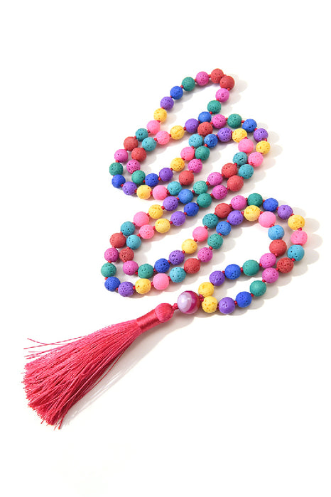 Mala necklace 8mm rainbow lava stone, with red tassel, 108 beads