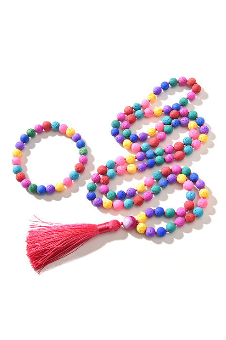 Bracelet 8mm rainbow lava stone, with red tassel, 19cm