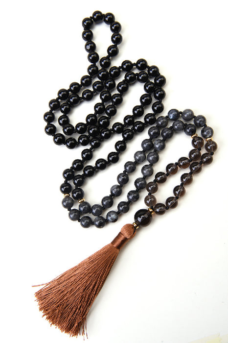 Mala necklace 8mm black obsidian, black labradorite, smoky quartz 108 beads