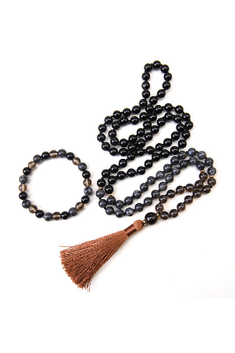 Bracelet 8mm black obsidian, black labradorite, smoky quartz 19cm
