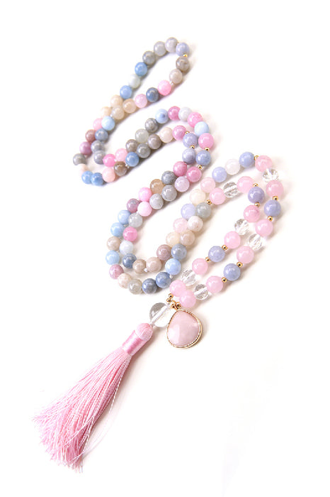 Mala necklace 8mm Morganite, Angelite, faceted crystal quartz 108 beads