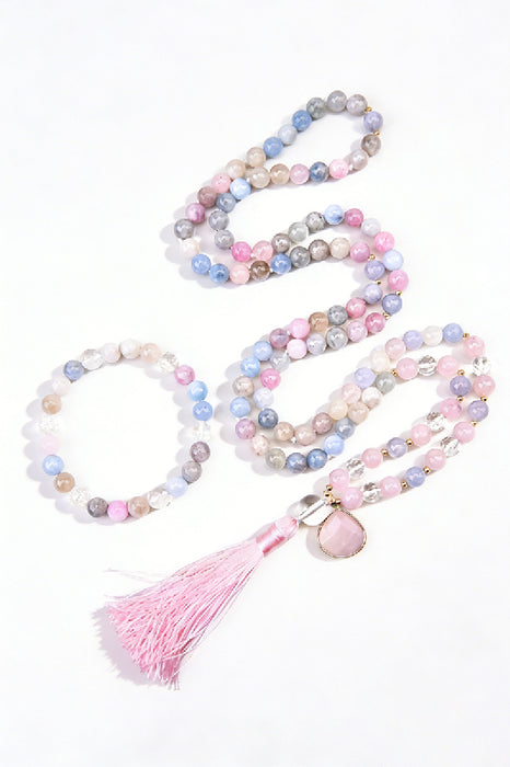 Mala necklace 8mm Morganite, Angelite, faceted crystal quartz 108 beads