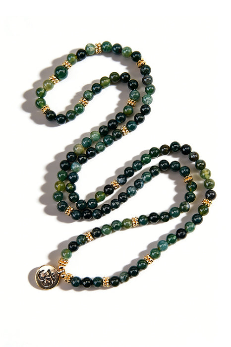 Mala necklace 6mm moss agate, with pendant OM, 108 beads