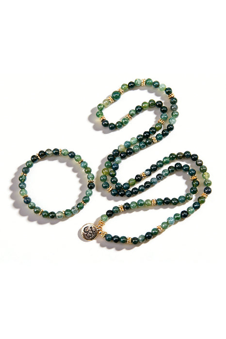 Bracelet 6mm moss agate, with pendant OM, 18.5cm