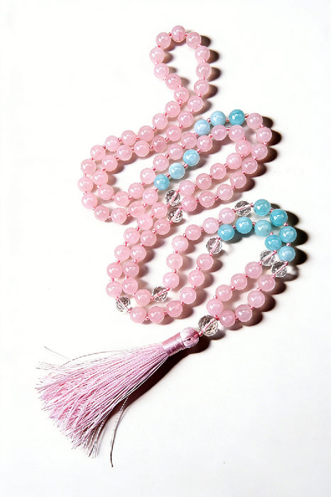 Mala necklace 8mm rose quartz, blue calcite, faceted crystal beads 108 beads