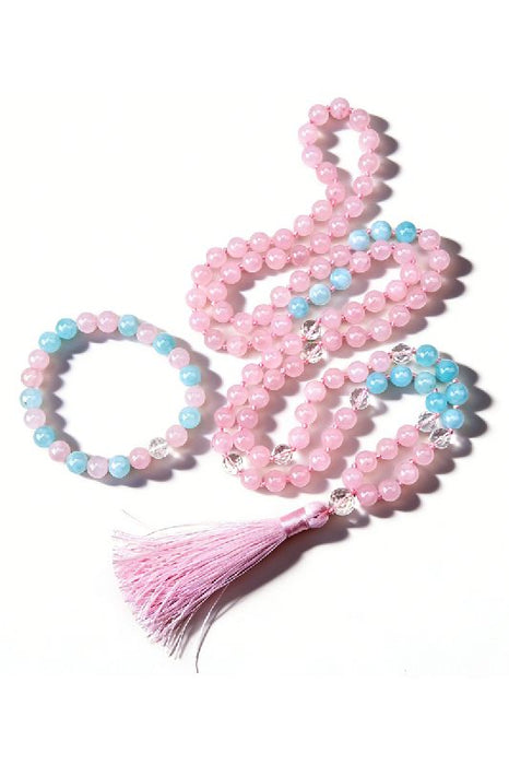 Mala necklace 8mm rose quartz, blue calcite, faceted crystal beads 108 beads