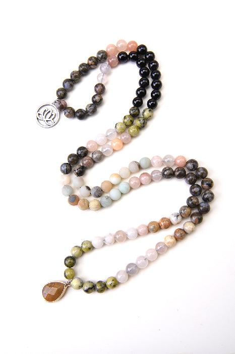 Mala necklace 8mm grass yellow turquoise, pink aventurine, crazy agate, chlorargyrite, blue amazonite, black onyx 108 beads
