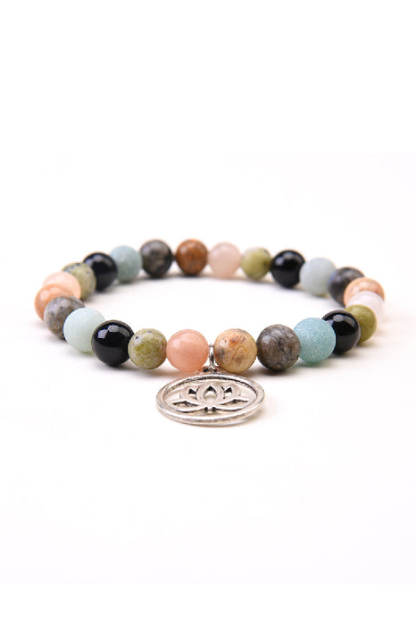 Bracelet 8mm grass yellow turquoise, pink aventurine, crazy agate, chlorargyrite, blue amazonite, black onyx, with lotus flower pendant 19cm