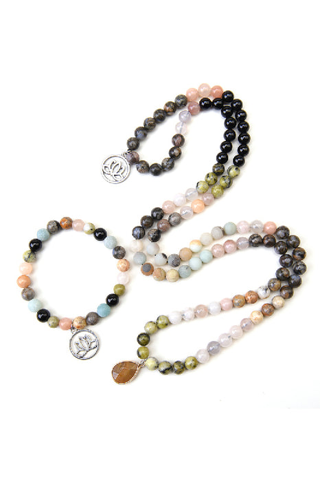 Bracelet 8mm grass yellow turquoise, pink aventurine, crazy agate, chlorargyrite, blue amazonite, black onyx, with lotus flower pendant 19cm