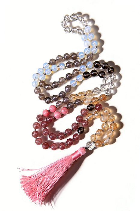 Mala necklace 8mm faceted gold watermelon quartz, strawberry quartz, smoky quartz, grey agate, opalite, crystal quartz 108 beads