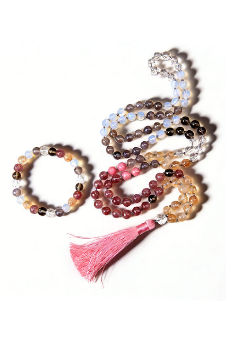 Mala necklace 8mm faceted gold watermelon quartz, strawberry quartz, smoky quartz, grey agate, opalite, crystal quartz 108 beads