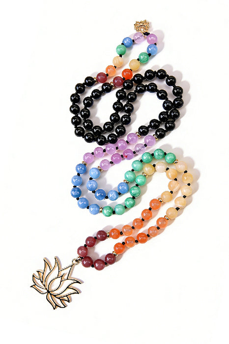 Mala necklace, 8mm colored calcite, black agate, with lotus flower pendant, 108 beads